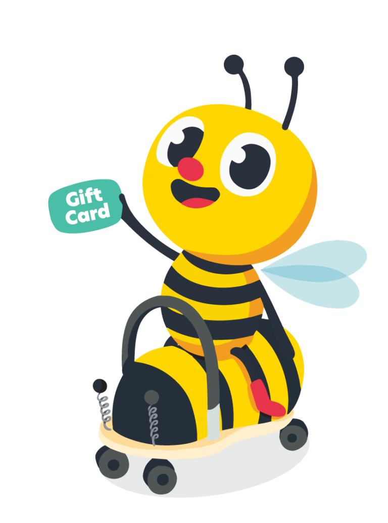 A cheerful cartoon bee character, perfect for kindergartens and day care centers, holds a "Gift Card" while joyfully riding a mechanical bee.