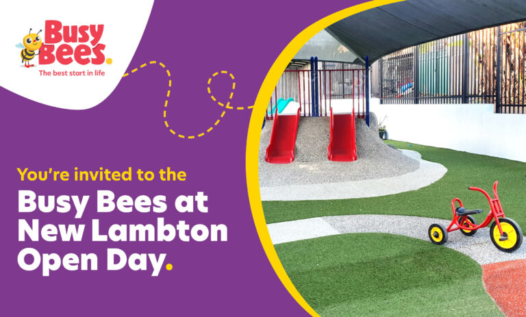 Playground with slides and a tricycle, overlaid text reads "Busy Bees at New Lambton Open Day." Event invitation with logo on a purple and yellow background. Discover top-tier childcare and early learning opportunities for your little ones.