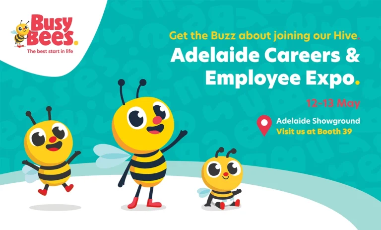 Cartoon bees promoting the Adelaide Careers & Employee Expo on 12-13 May at Adelaide Showground, Booth 39, organized by Busy Bees. Discover opportunities in day care and early learning!