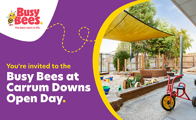 Invitation to Busy Bees at Carrum Downs Open Day, featuring a playground with a sandpit, toys, and a shade sail. This exciting event showcases our early learning programs. Event logo and details are displayed on a purple background.