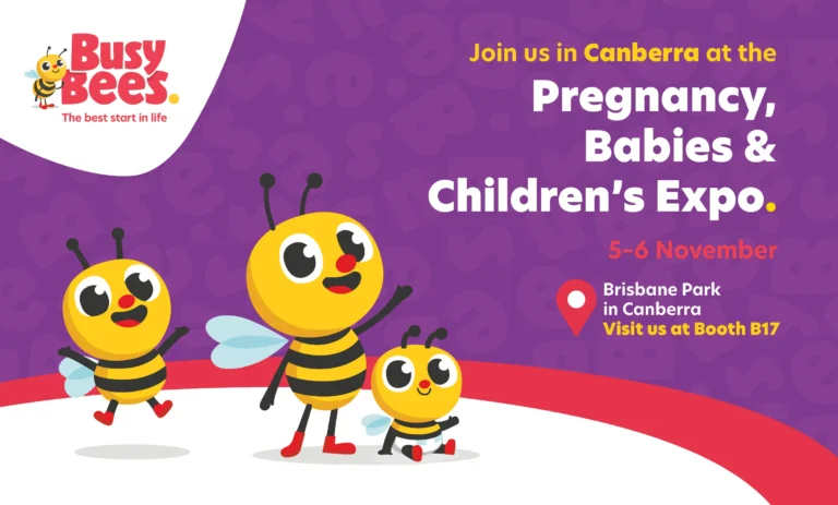 Busy Bees Pregnancy, Babies & Children's Expo on 5-6 November at Brisbane Park, Canberra. Visit us at Booth B17 for insights into childcare and early learning. Event illustration with three bees on a purple background.