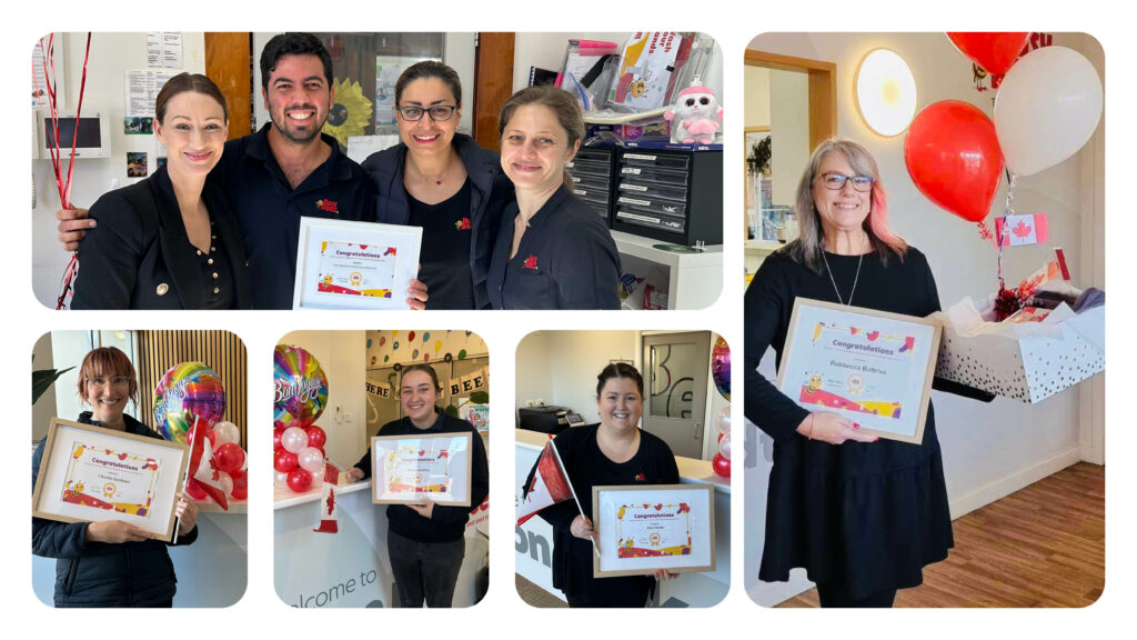A collage of people smiling, each holding a certificate of appreciation. Some are surrounded by balloons and other decorations, celebrating an event.