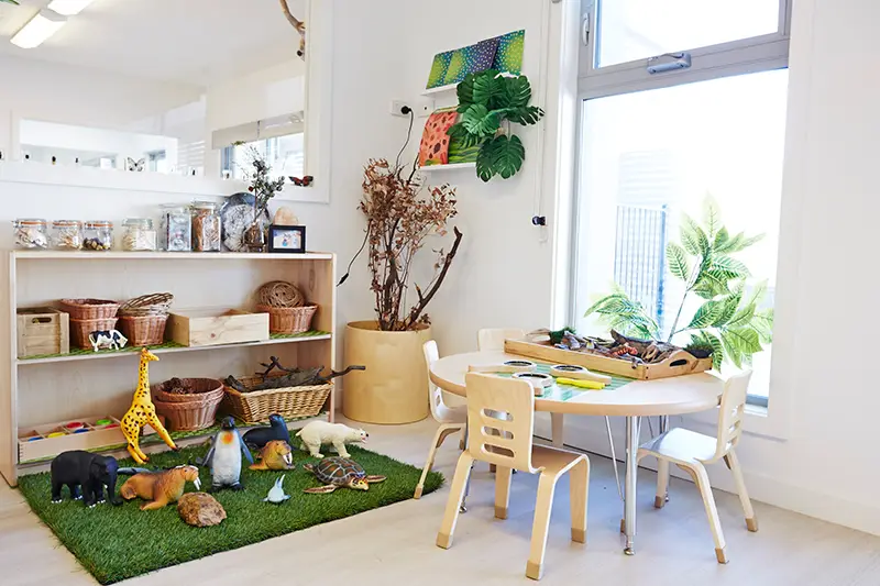 Preschool room set up with animal toys