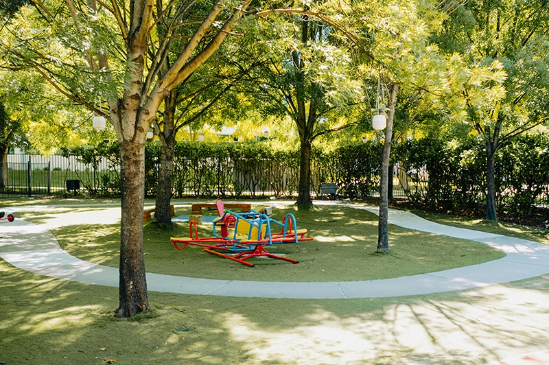 Lush green outdoor play area with playground equipment