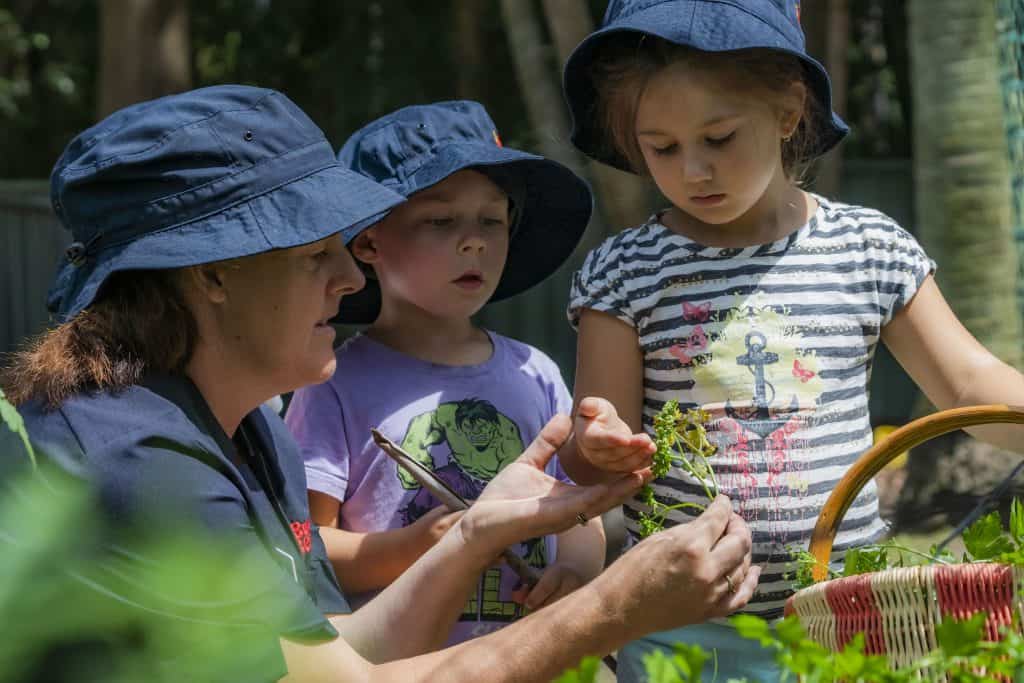 children and educator in veggie garden