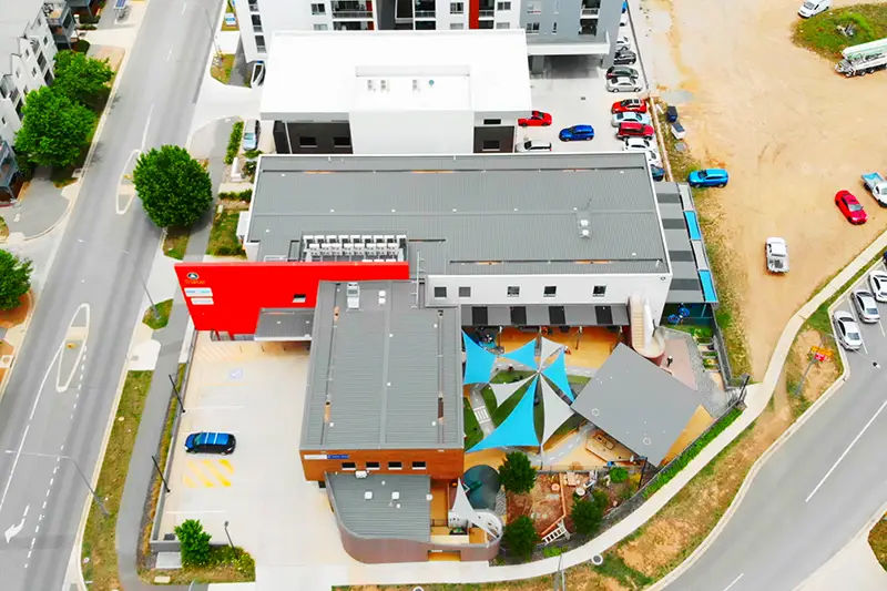 Aerial view of Yerrabi Ponds by Busy Bees childcare centre in Gungahlin