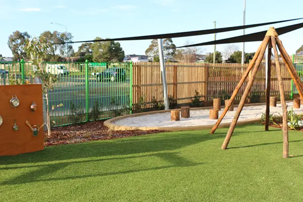 Teepee and sandpit in outdoor playground at Busy Bees Early Learning located in Wyndham Vale
