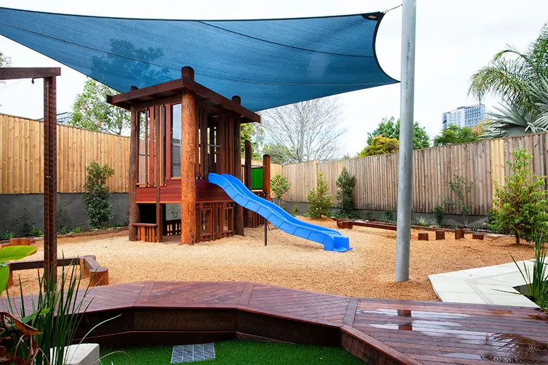 Outdoor wooden playground at Woolloongabba childcare