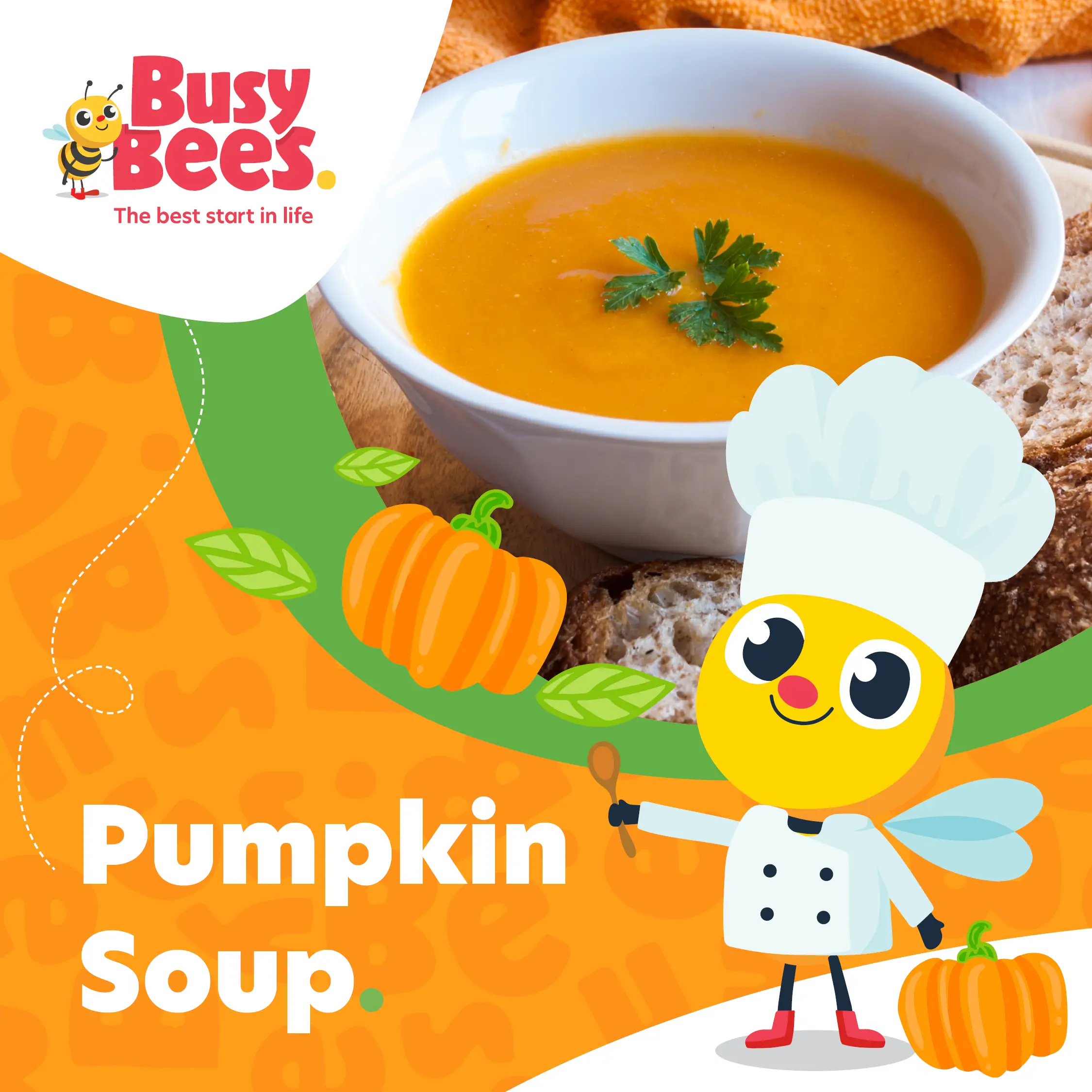 pumpkin soup and cartoon chef Buzz Bee