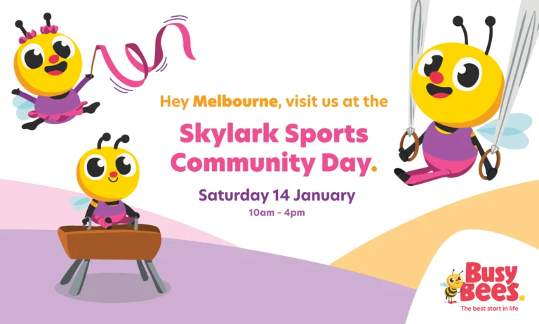 Bumble bees doing gymnastic with the text "Hey Melbourne, visit us at the Skylark Sports Community Day"