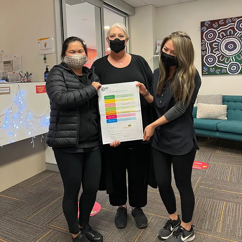 Wendy Mackay (middle) holding the ACECQA Exceeding certificate with her 2IC Rebecca Cheng (right) and 3IC Richlyn Gozum (left)