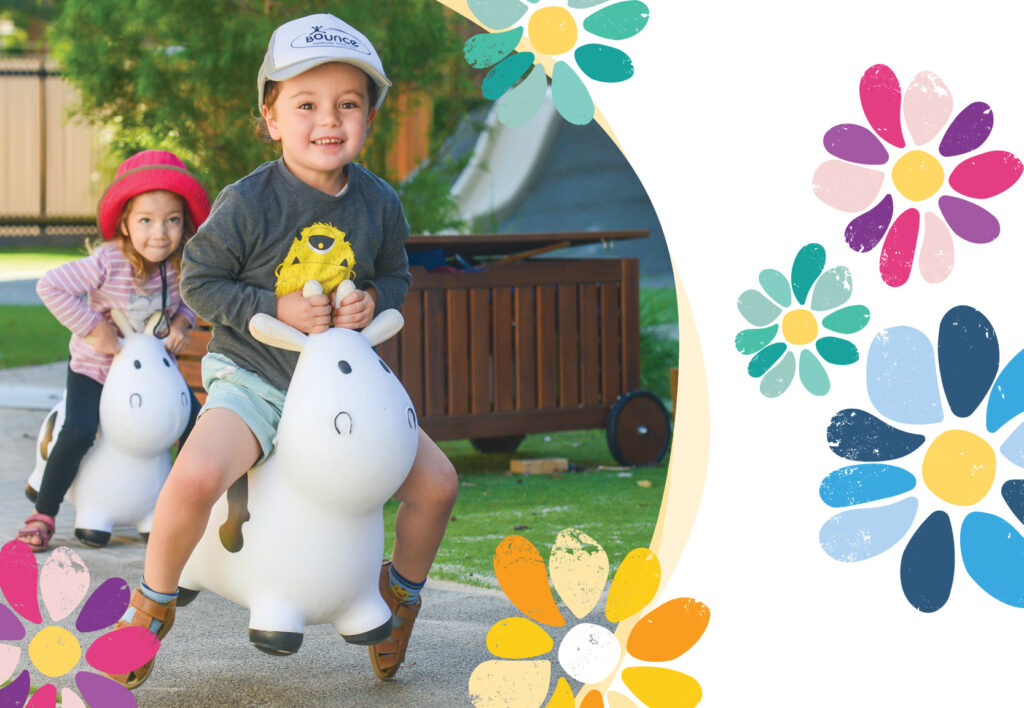 Preschool children bouncing on ride-on toys