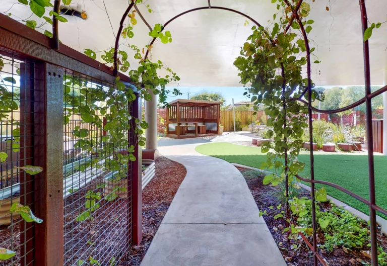 Covered walkway with climbing plants leads to an area with seating under a pergola. The yard features a mix of grass, garden beds, and potted plants.