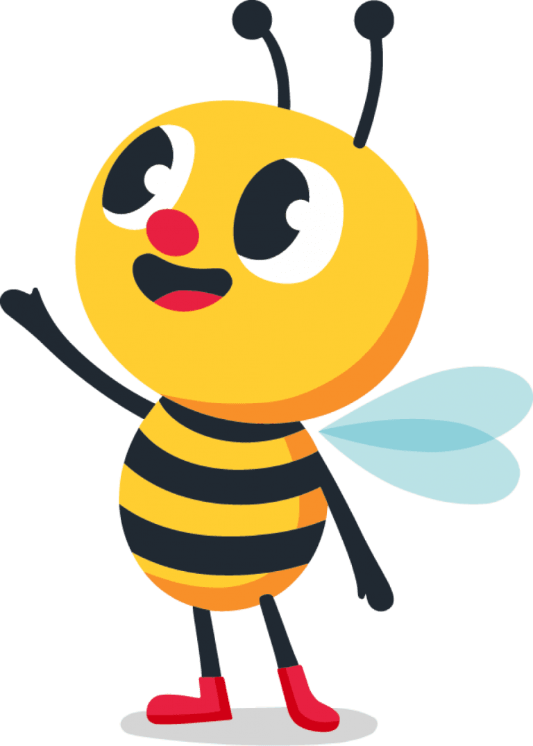 Illustration of a cheerful cartoon bee with black and yellow stripes, wearing red boots, blue wings, and smiling with an outstretched arm—perfect for brightening up a day care or early learning environment.