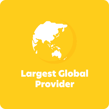 Yellow background with a white globe focusing on Asia-Pacific region and the text "Largest Global Provider" below it in white, emphasizing the reach and quality of early learning services.