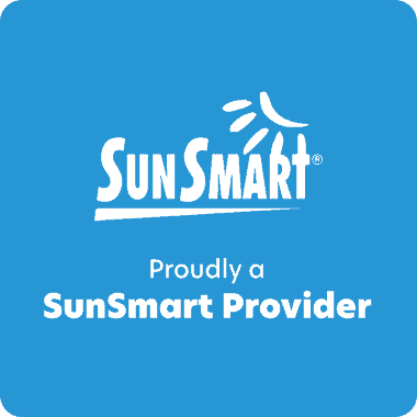 Graphic displaying the text "SunSmart" with an abstract sun image above it, accompanied by "Proudly a SunSmart Provider for Early Learning Centers" below. The background is blue.