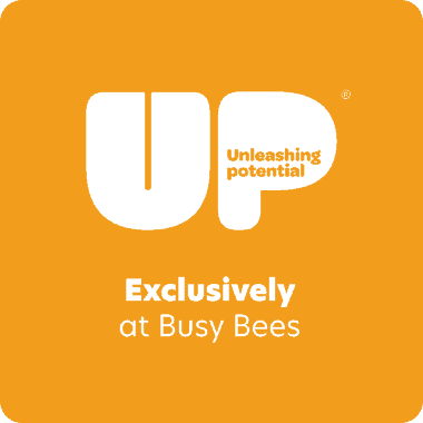 Orange square with "UP Unleashing potential" text and "Exclusively at Busy Bees Early Learning" written below.