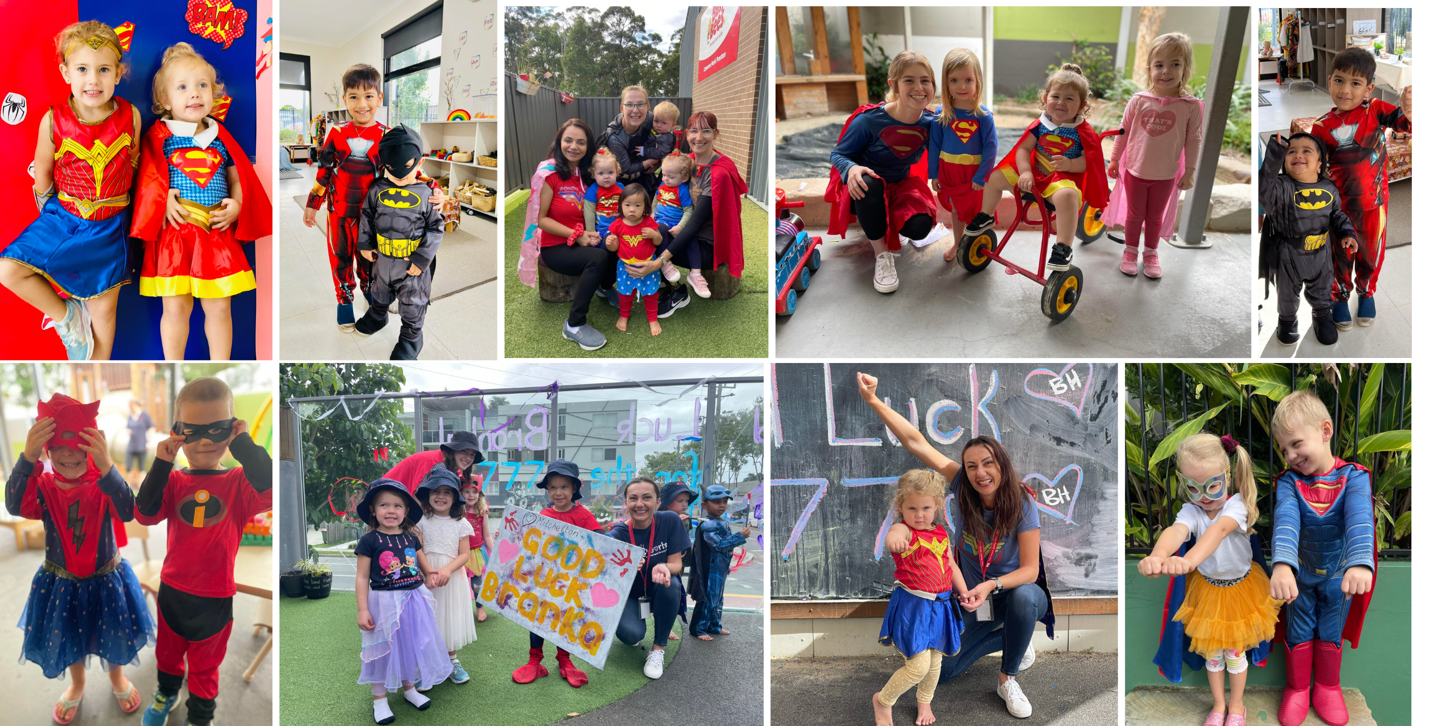 Children and adults in various superhero costumes, including Superman, Batman, and Incredibles from the nearby kindergarten. The group poses in different settings, some outdoors, with decorations and colorful backgrounds that reflect a spirit of early learning.
