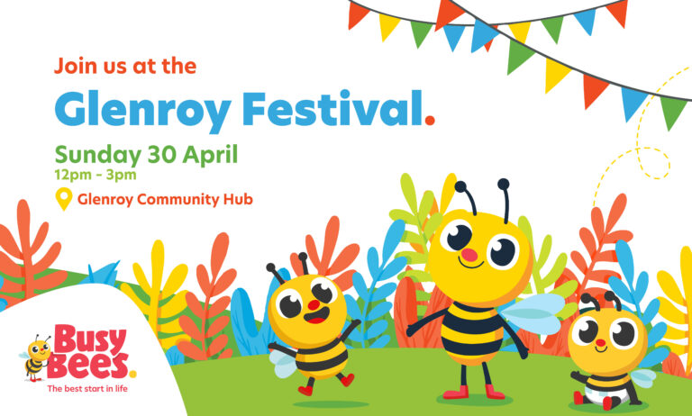Colorful digital poster promoting the Glenroy Festival on Sunday, April 30, from 12pm to 3pm at Glenroy Community Hub, featuring cartoon bees and festive decorations.
