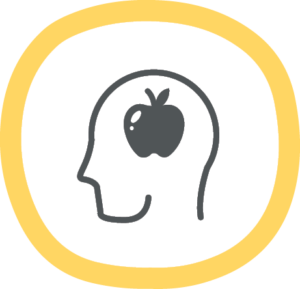 Outline of a human head with an apple inside the brain area, enclosed in a yellow circle.