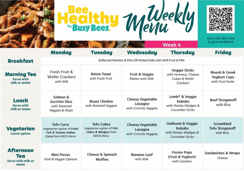 Please always refer to Weekly Menus as displayed in Centre for Seasonal fresh food shopping adjustments.