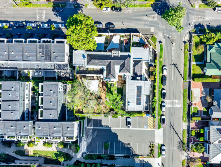 Overhead aerial view of Busy Bees at Moonee Valley showing the centre, garden and car park in Moonee Ponds